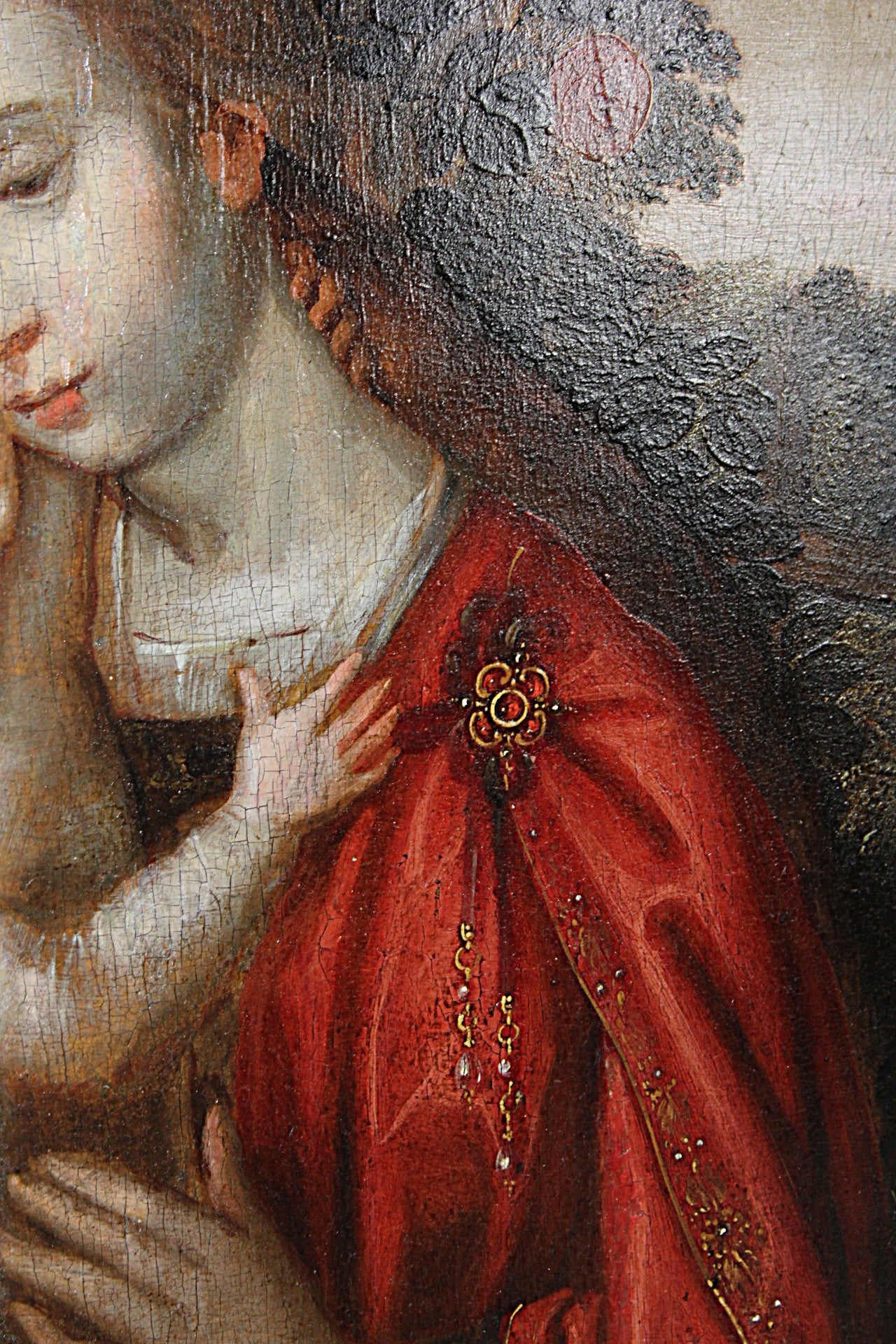Antique Madonna and Christ Child painting in original 17th-century frame