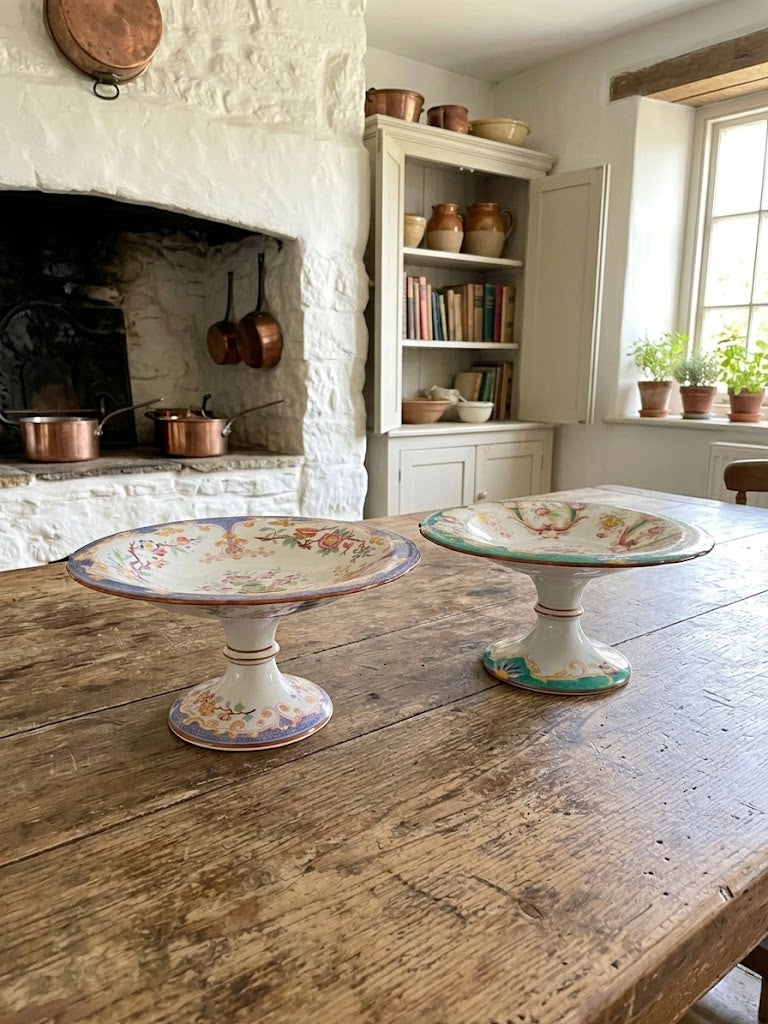 Two vintage floral cake stands on a rustic wooden table in a cozy