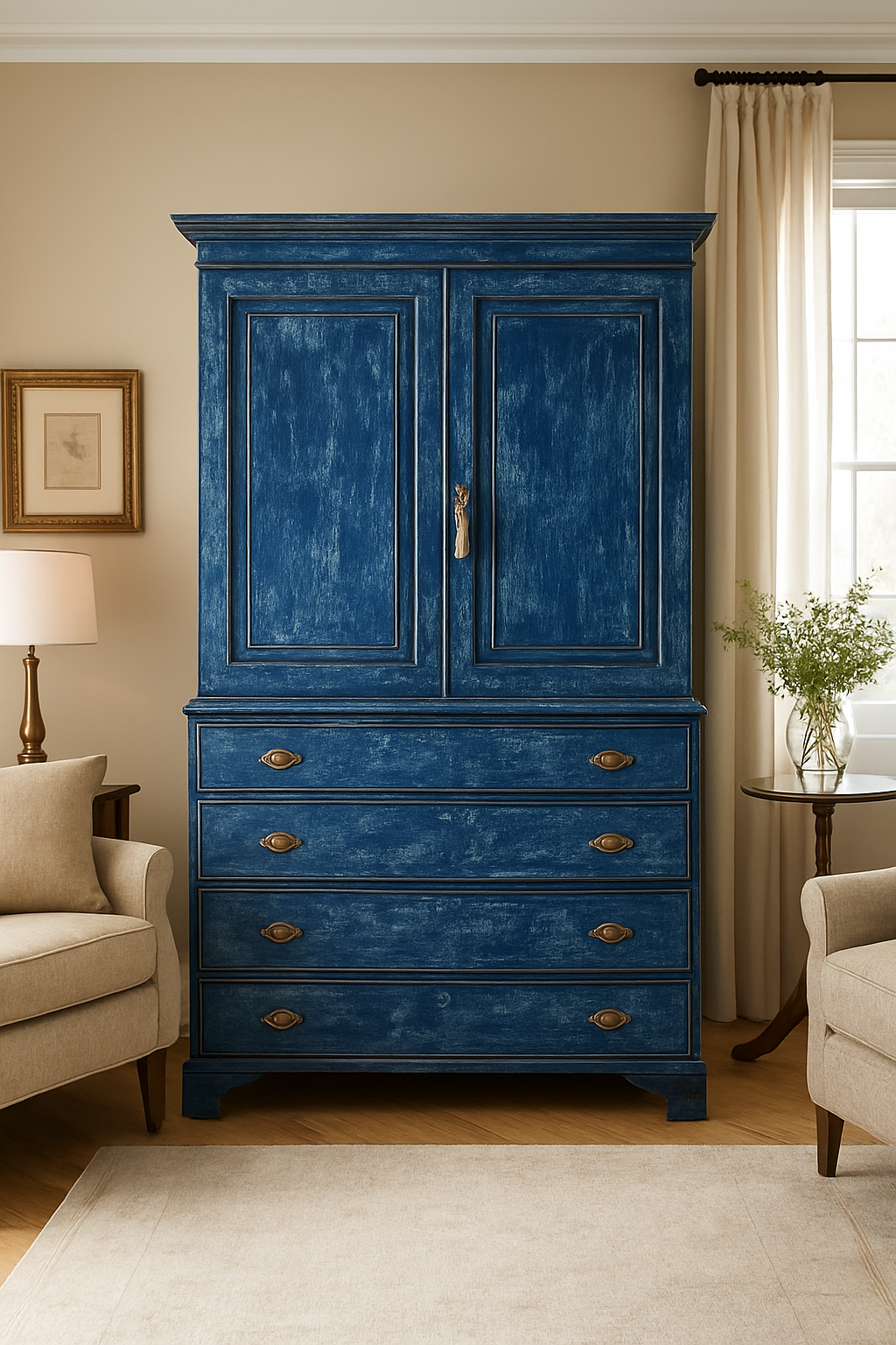 Antique 19th Century Blue Painted Linen Press 