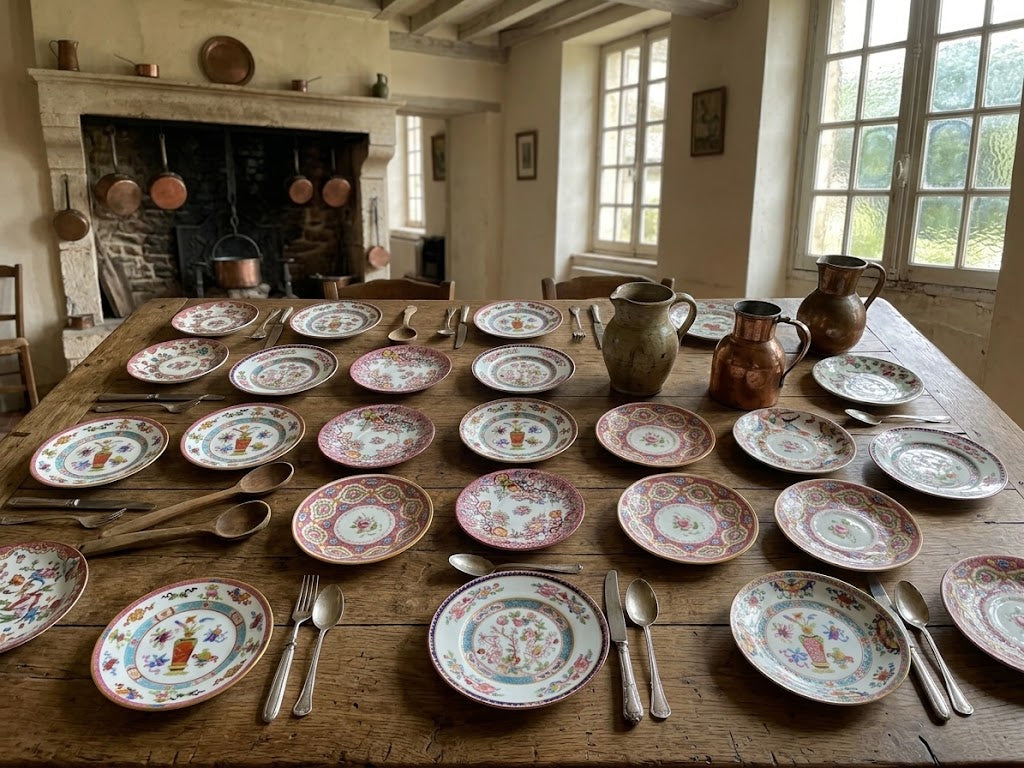 rustic dining table set with numerous matching floral porcelain plates, silver cutlery, and copper-colored metal pitchers in a traditional room with a stone fireplace and tall windows.