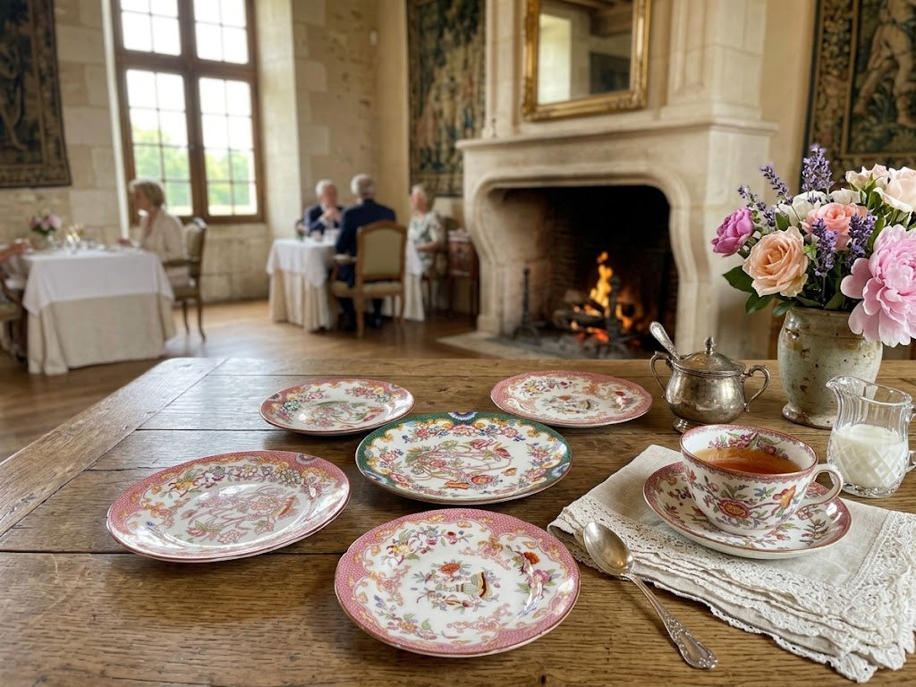 A set of vintage floral porcelain teacups and saucers arranged on a rustic wooden table in a grand dining room with a fireplace, alongside a teapot, sugar bowl, and a vase of pink flowers.