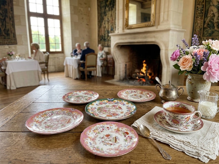 A set of vintage floral porcelain teacups and saucers arranged on a rustic wooden table in a grand dining room with a fireplace, alongside a teapot, sugar bowl, and a vase of pink flowers.