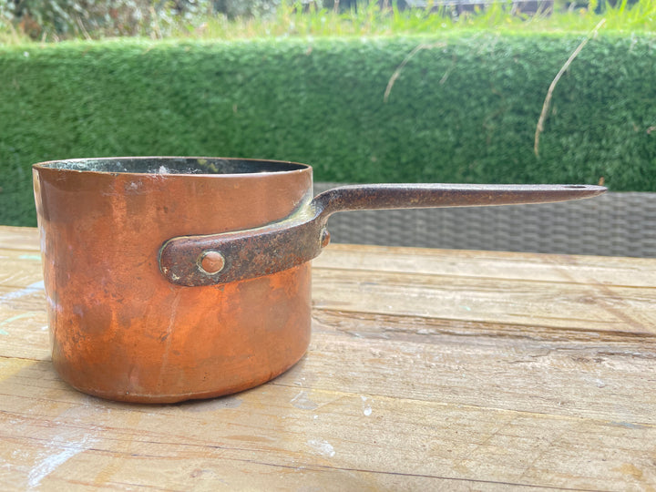 A vintage copper saucepan with a long dark metal handle, resting on a wooden table with a green hedge in the background.