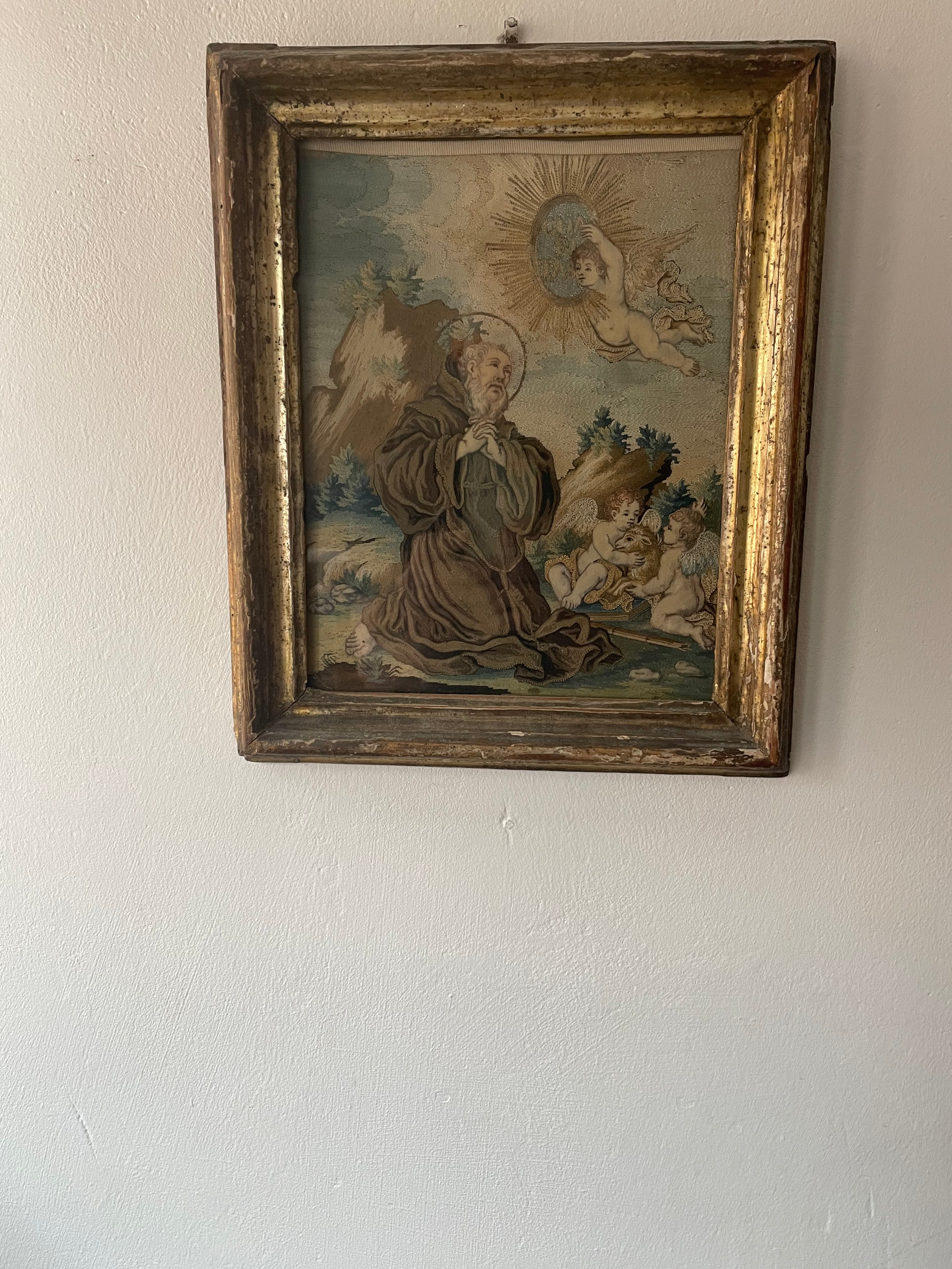 Antique Spanish hand-painted silk panel featuring St. Francis of Paola, patron saint of sailors