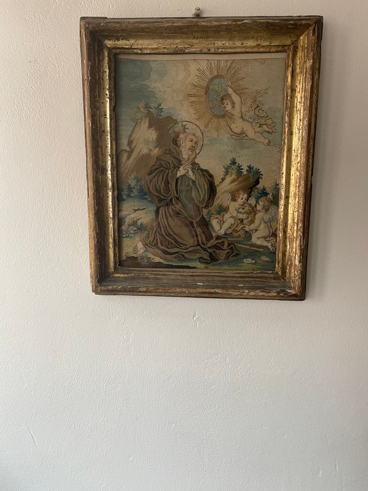 Antique Spanish hand-painted silk panel featuring St. Francis of Paola, patron saint of sailors