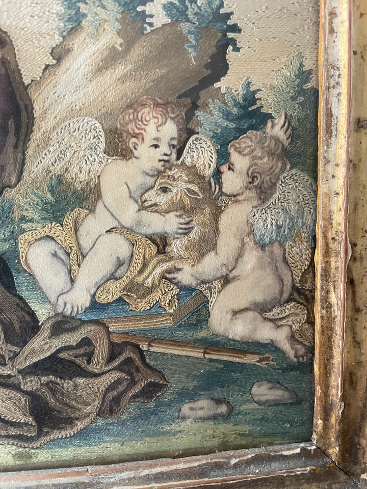 Antique Spanish silk religious panel with St. Francis of Paola