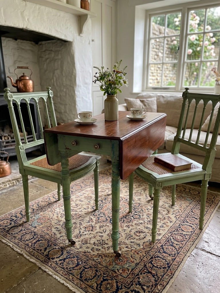 vintage green painted wooden dining table with two matching chairs in a rustic living room setting, styled with a floral vase, teacups, and a rug.
Details