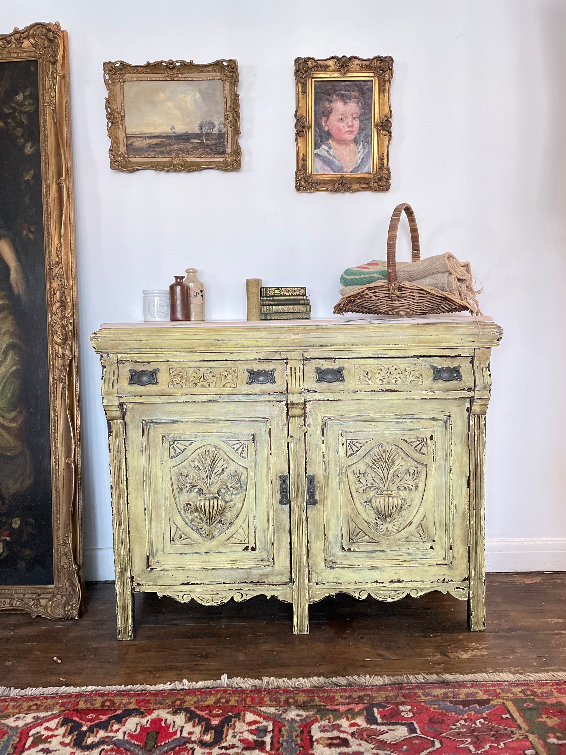 Antique French Buffet front view rustic yellow 