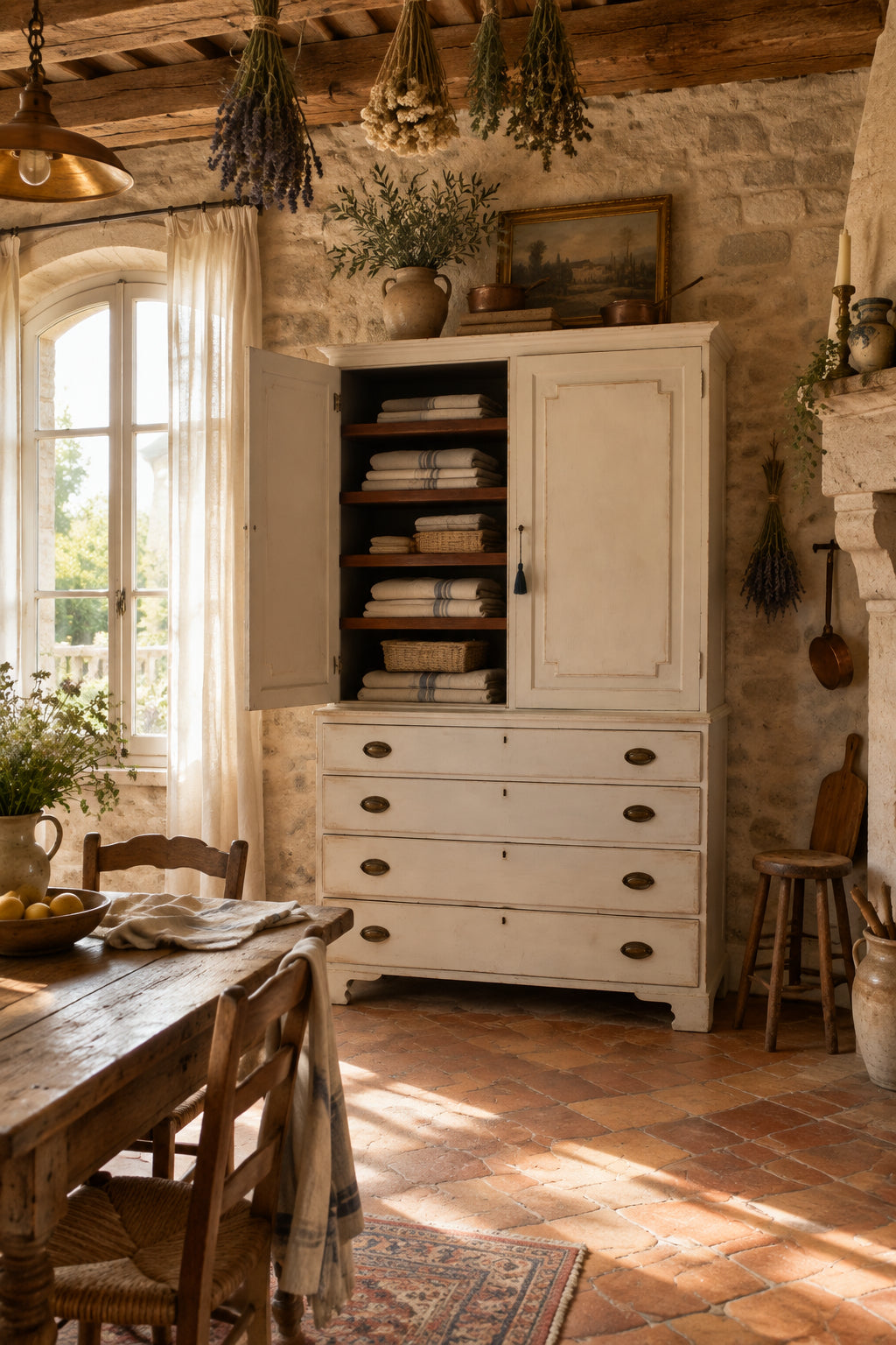 A vintage white painted wooden hutch with five drawers on the bottom and an open upper cabinet showing reddish-brown interior shelves, photographed indoors against a light wall.