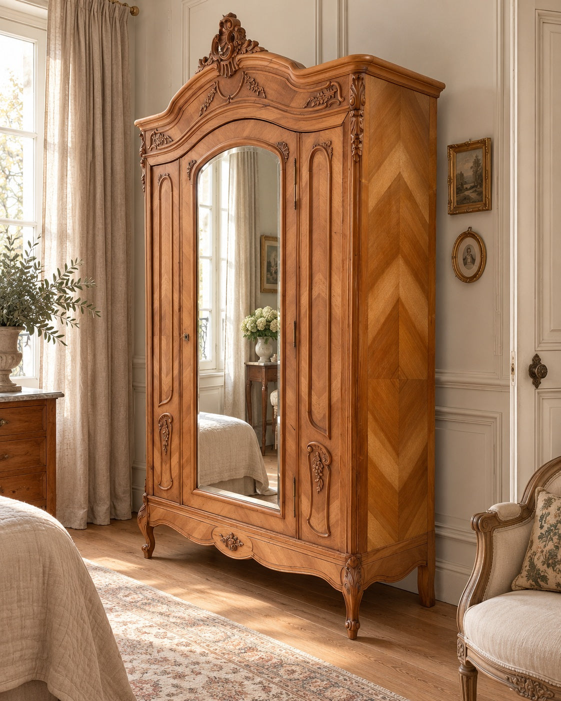 Antique French walnut wardrobe with central mirror