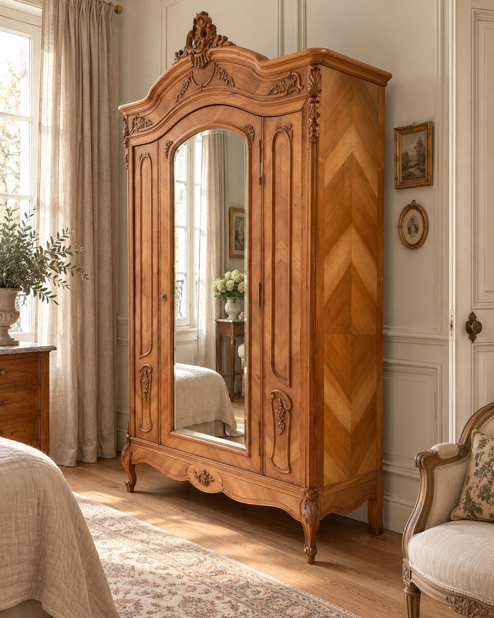 Antique French walnut wardrobe with central mirror