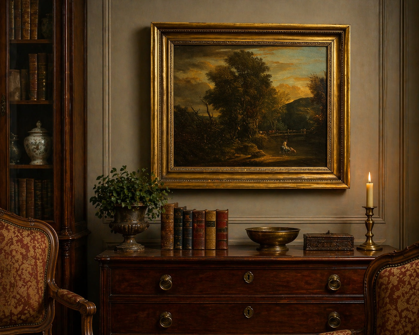 Early 19th century British landscape painting with trees, pond and figure