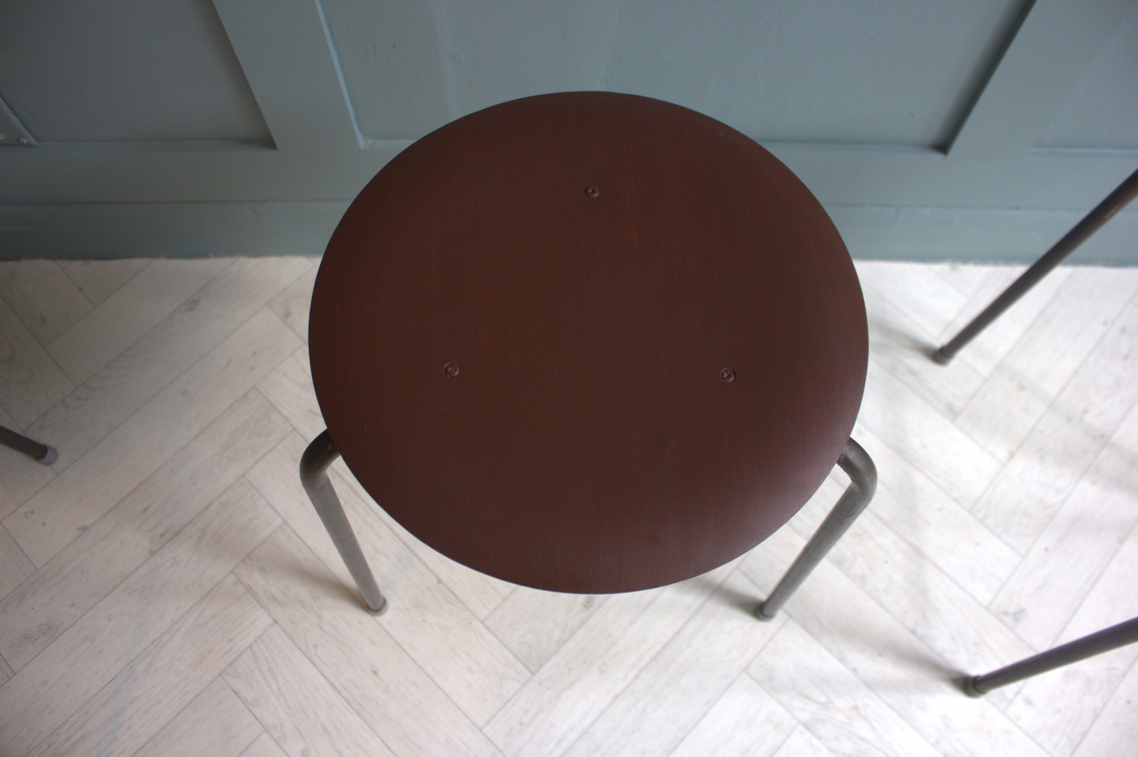 Arne Jacobsen original tripod stool with curved dark teak top