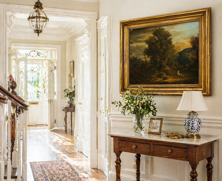 British_School_landscape_painting_with_golden_sky_and_tree_grouping