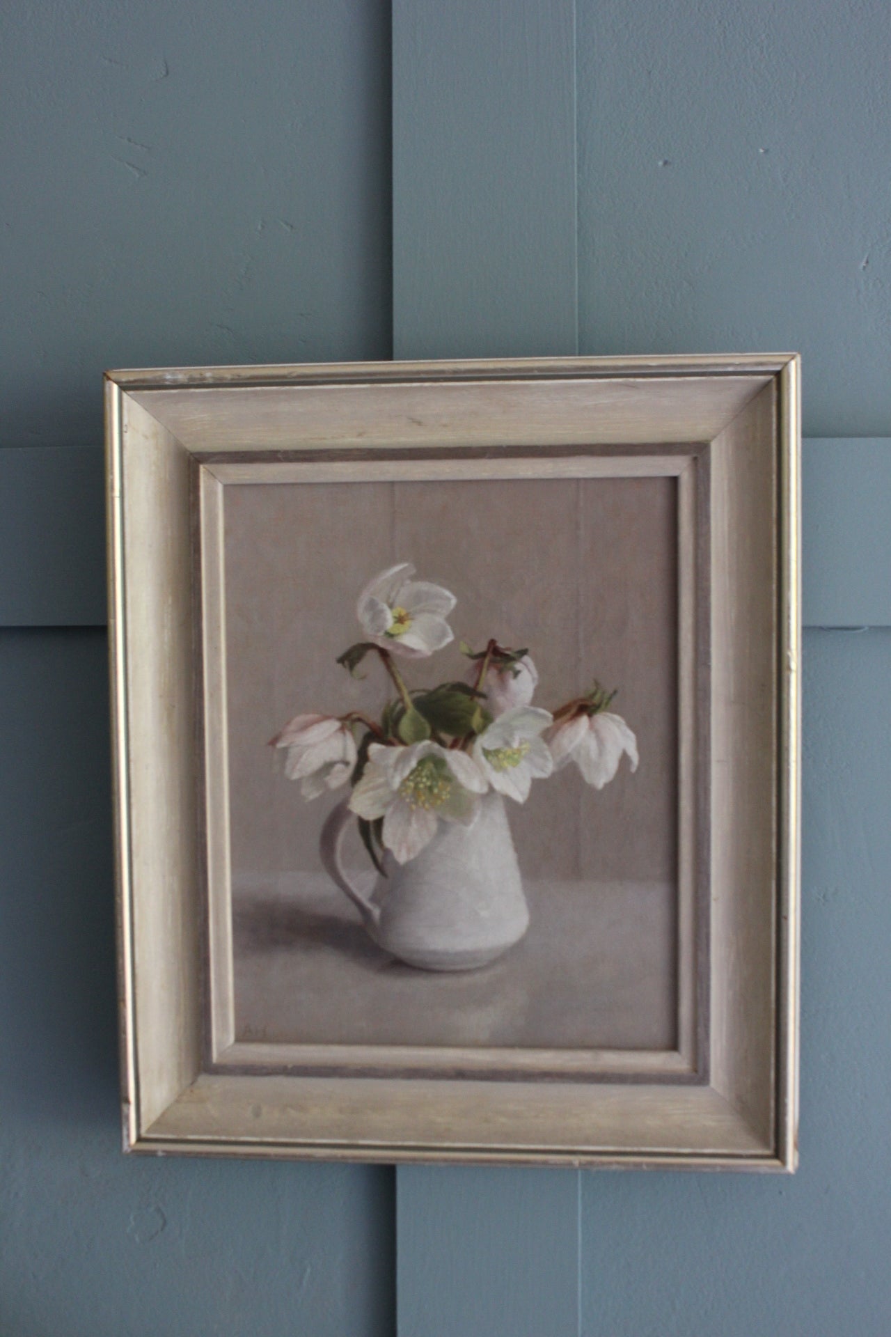 Christmas roses still life painting by Anna Hornby with Lucie Rie jug, oil on canvas, winter floral artwork for home décor