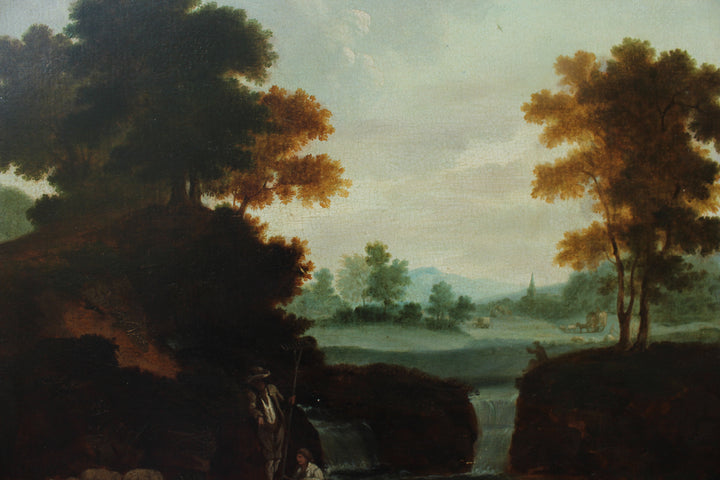 Classical landscape oil painting with waterfall and shepherd figures in wooded valley