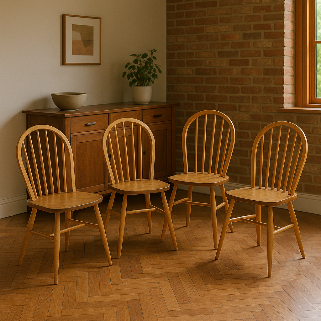 Close-up of Ercol elm seat with beech spindle detail