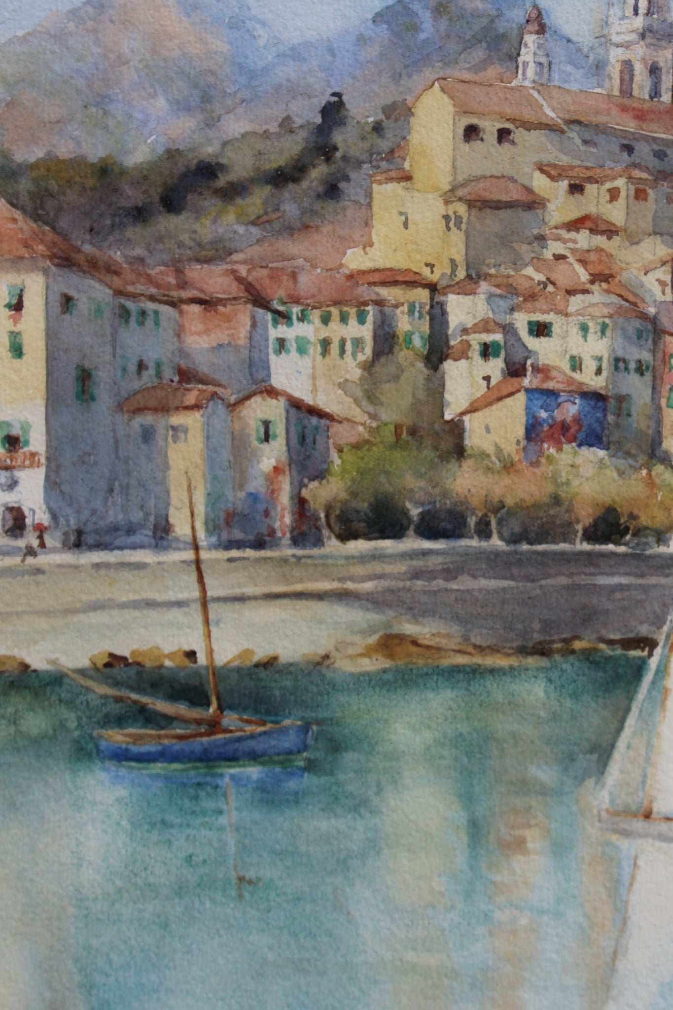 Collectible Italian Riviera harbor painting, framed Sussex
