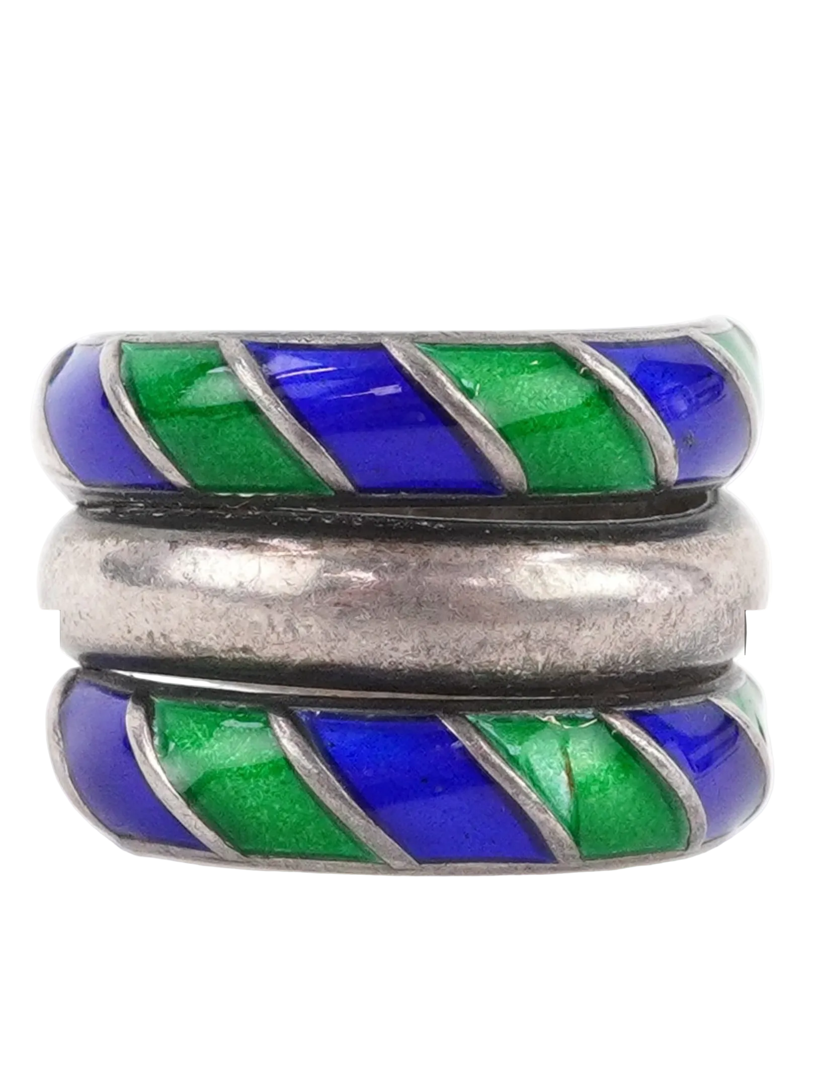 Silver vintage ring with blue and green enamel close up