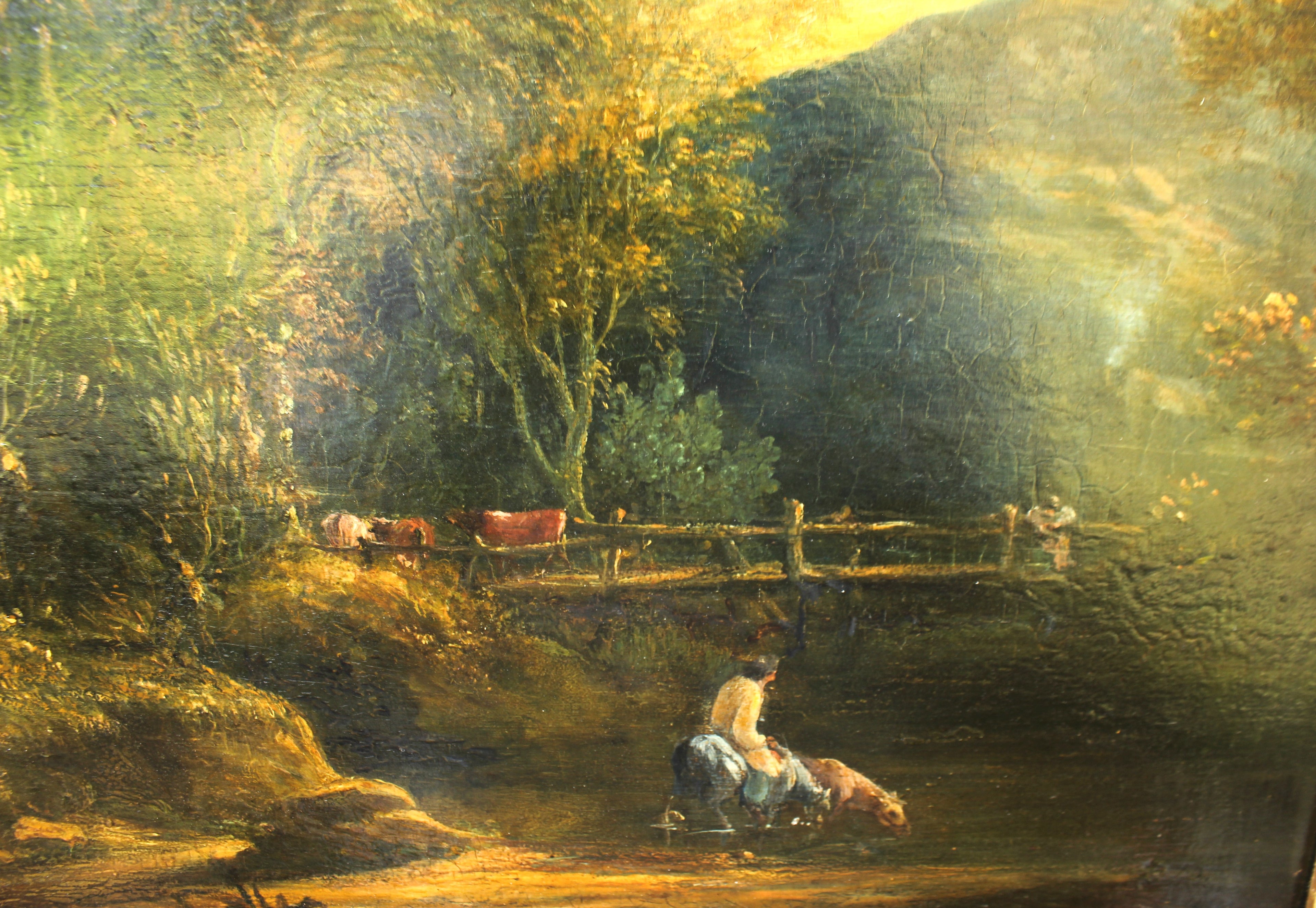 Detail of figure by pond in antique landscape painting