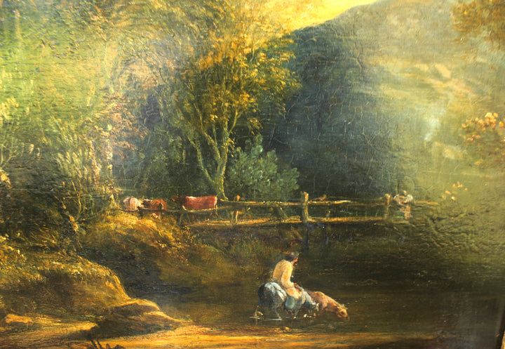 Detail of figure by pond in antique landscape painting