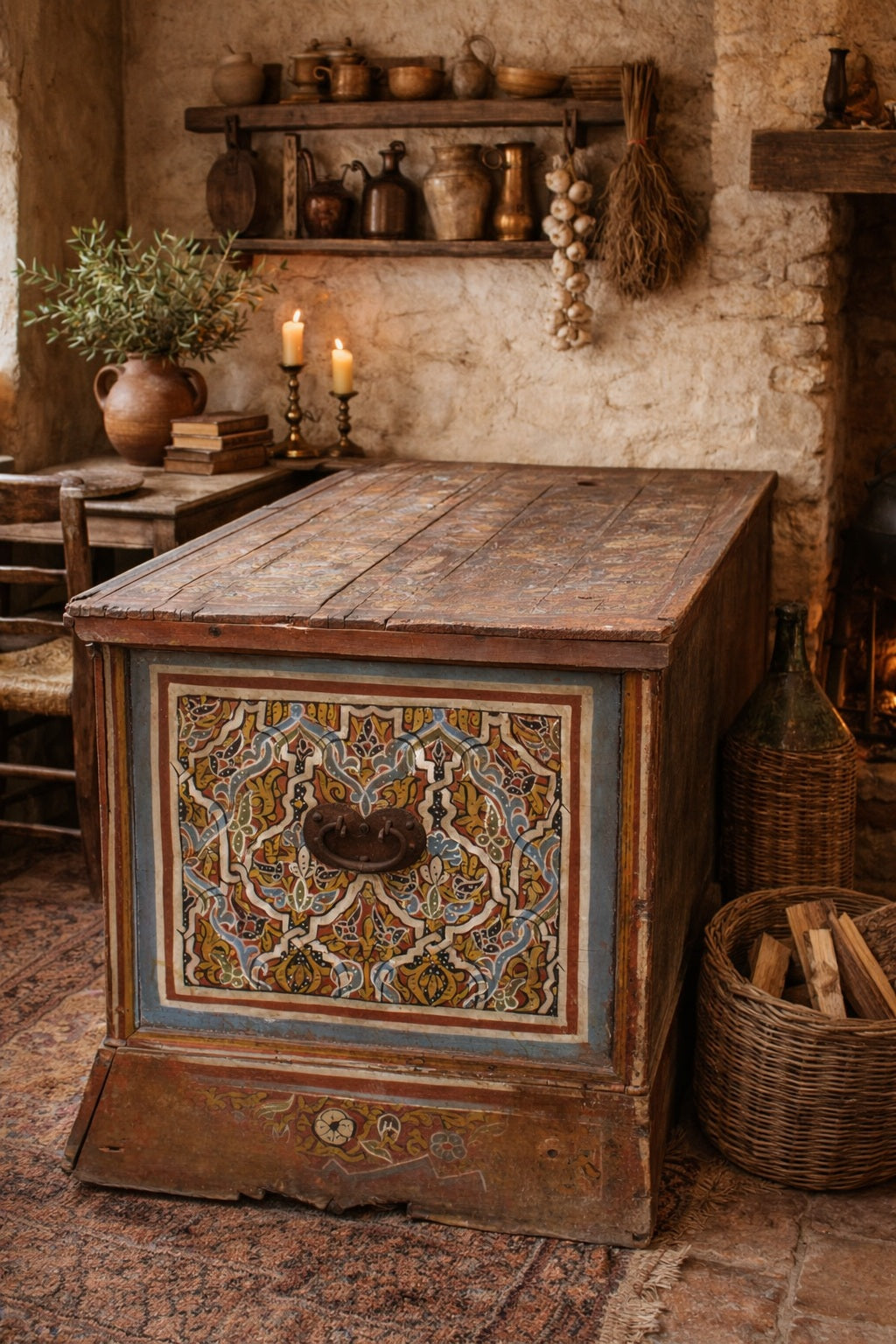 Early_19th_century_Spanish_painted_chest_with_Moroccan_style_decorative_panel