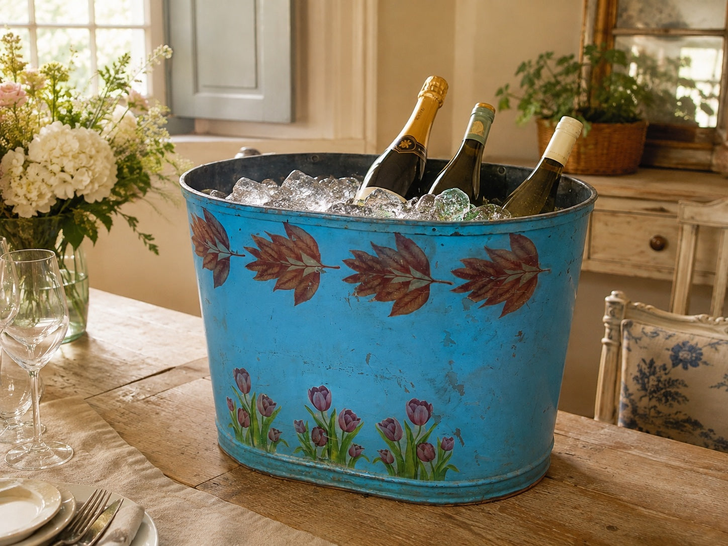 French painted zinc jardiniere styled as a wine and champagne cooler with ice