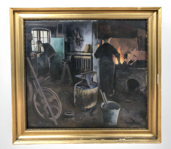 Edvard Petersen blacksmith painting – Danish forge interior
