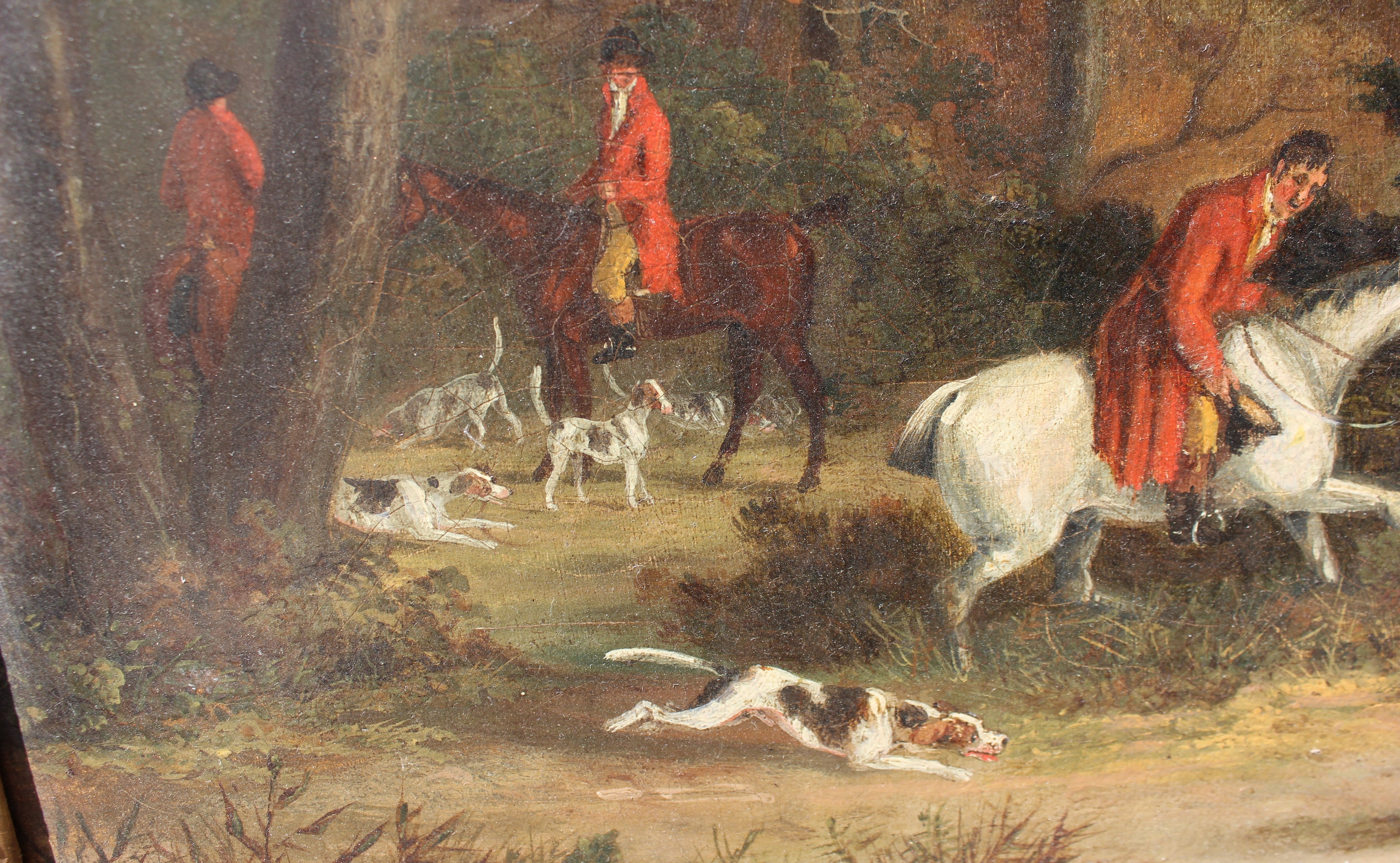 English_sporting_art_painting_horse_riders_and_hounds_in_forest