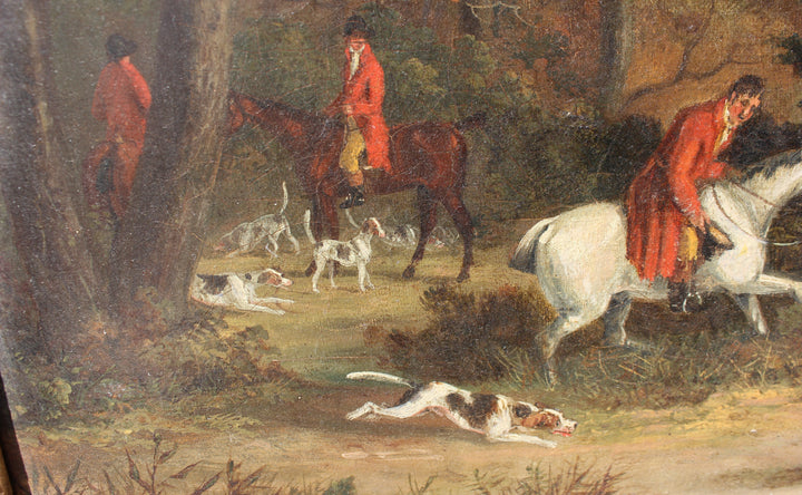 English_sporting_art_painting_horse_riders_and_hounds_in_forest