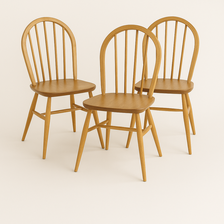 Ercol Windsor chairs in light beech and elm wood grain