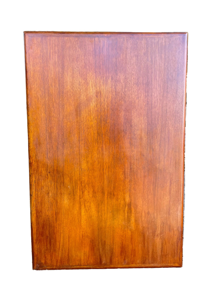 rectangular wooden cabinet or sideboard with a glossy warm brown finish.