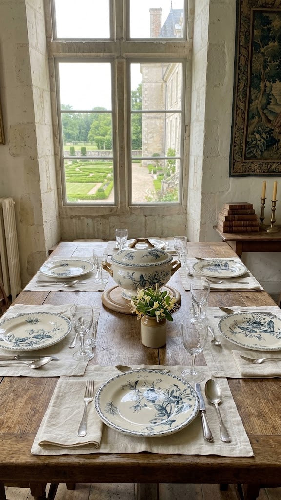 beautifully set dining table in a rustic room, featuring blue and white floral porcelain plates, cream linen napkins, clear glassware, and a central blue and white ceramic lidded tureen. The table is positioned in front of a large multi-pane window showing a garden view, with a wooden sideboard and tapestry in the background.