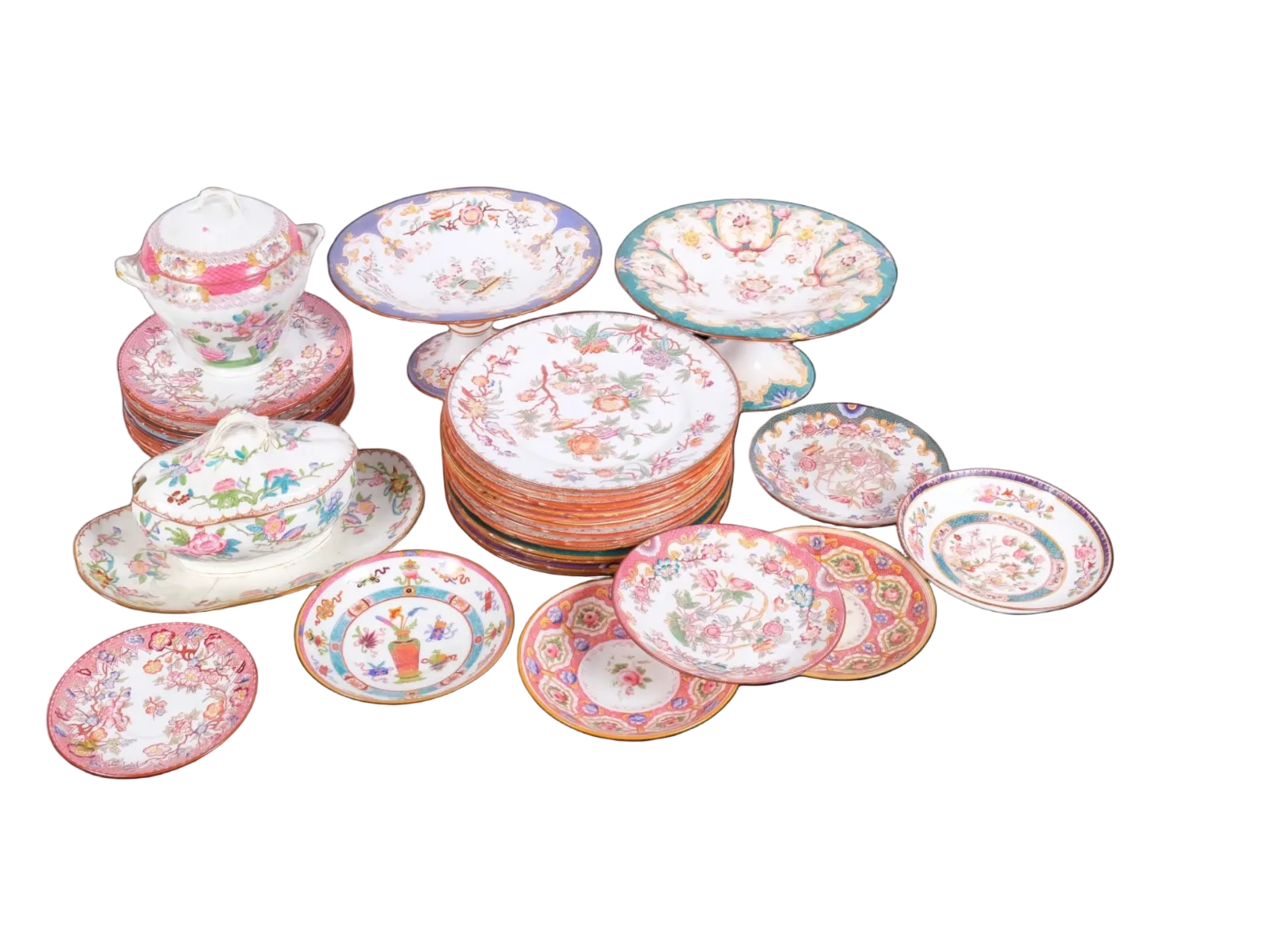 collection of vintage Chinese porcelain plates and teacups with pink, red, and blue floral patterns, displayed on a solid black background.