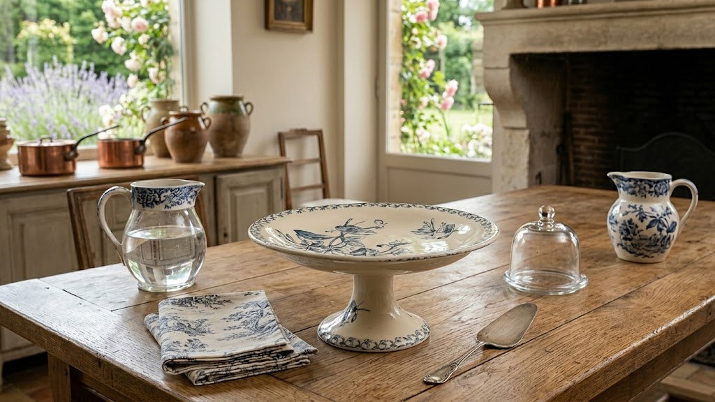 A blue and white ceramic cake stand with a floral toile pattern sits on a rustic wooden dining table, surrounded by matching blue and white ceramic pitchers, a glass cloche, and a folded napkin in a bright, sunlit room.