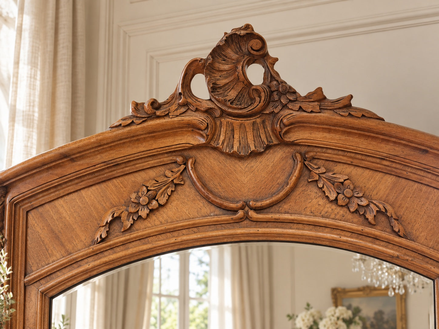 Antique French wardrobe with shaped pediment and mirror