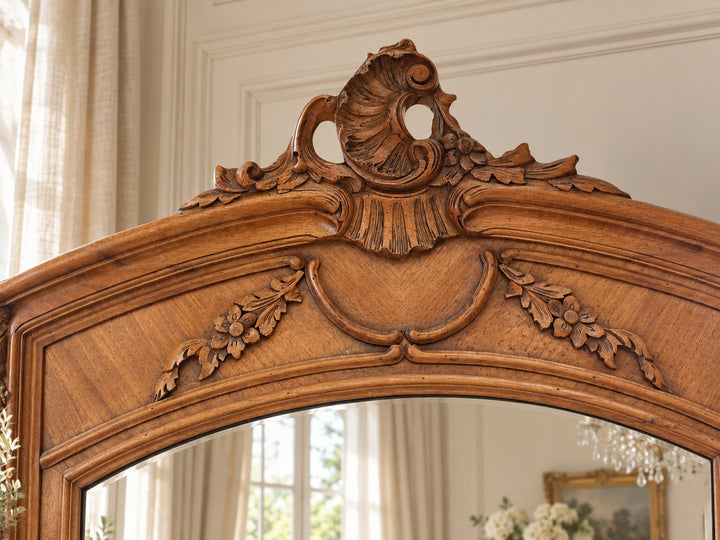 Antique French wardrobe with shaped pediment and mirror