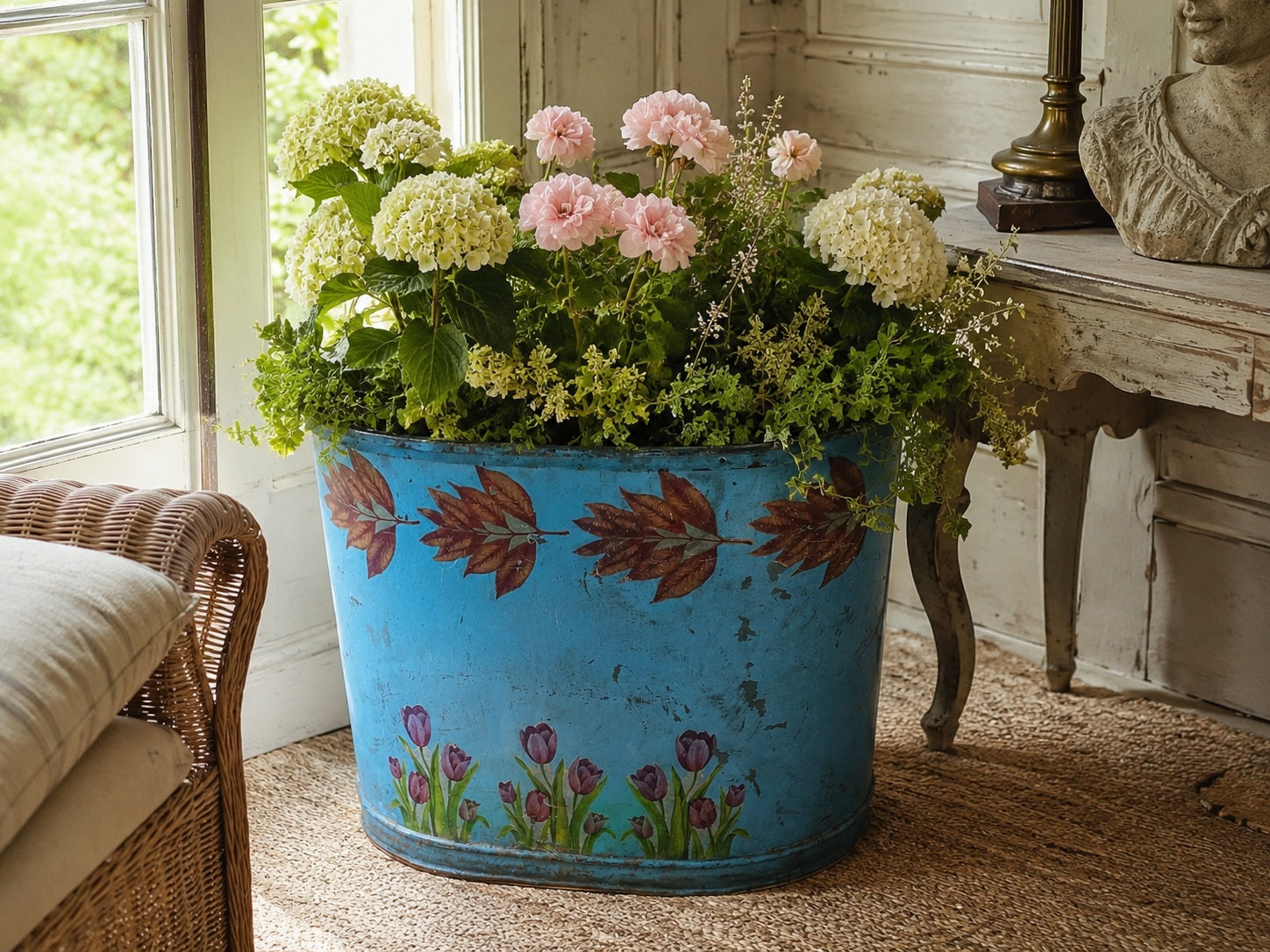 Early 20th century French painted zinc-lined oval jardiniere with blue floral decoration