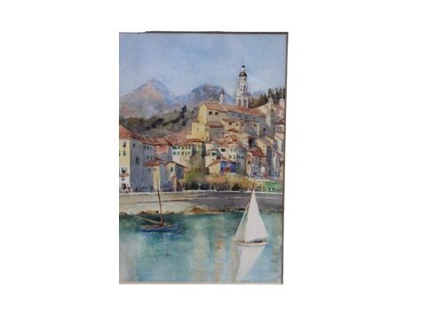 Hand-painted Mediterranean landscape watercolor, vintage