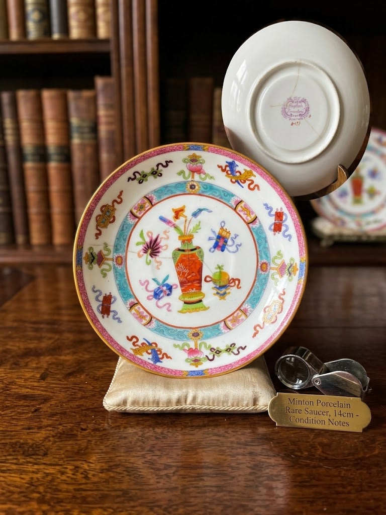 Rare Antique Minton Porcelain Deep Saucer – Chinoiserie Vase Pattern 8-193 (c. 1830s)