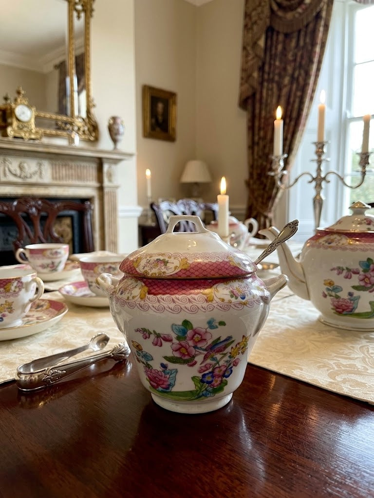 Rare Antique Minton French Porcelain Sugar Bowl /  Hand Painted Floral Decor