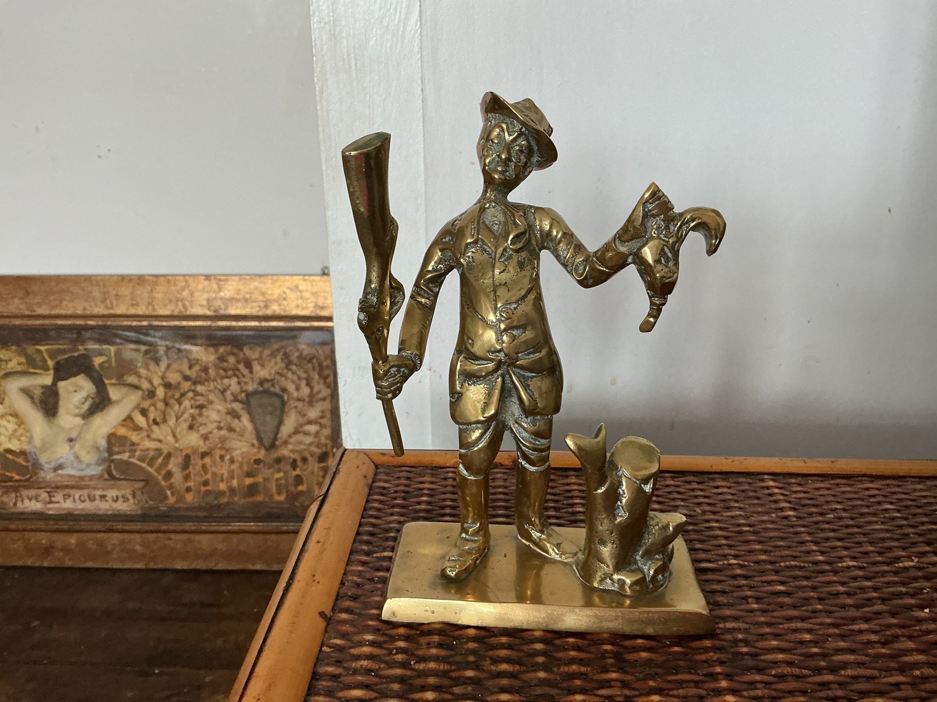 Vintage Brass Hunter Figurine with Game Bird & Rifle | Mid-Century Brass Huntsman Statue