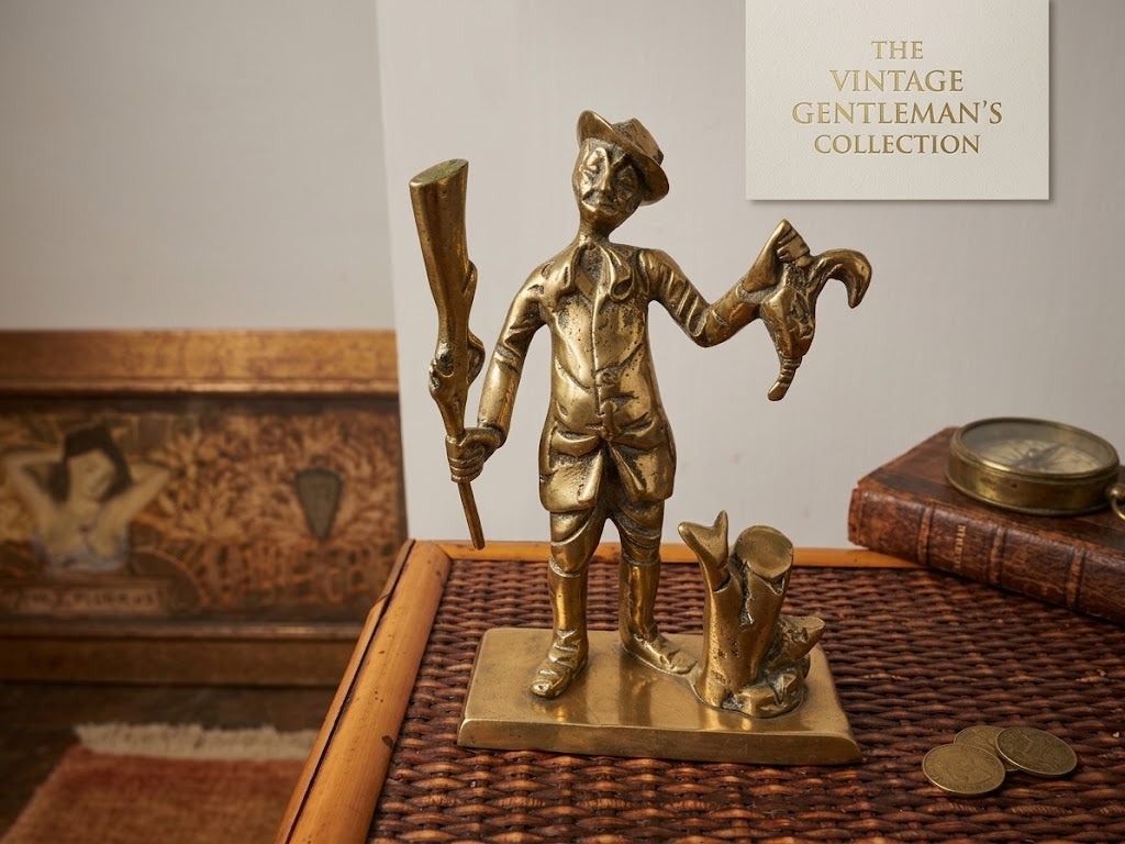 Vintage Brass Hunter Figurine with Game Bird & Rifle | Mid-Century Brass Huntsman Statue