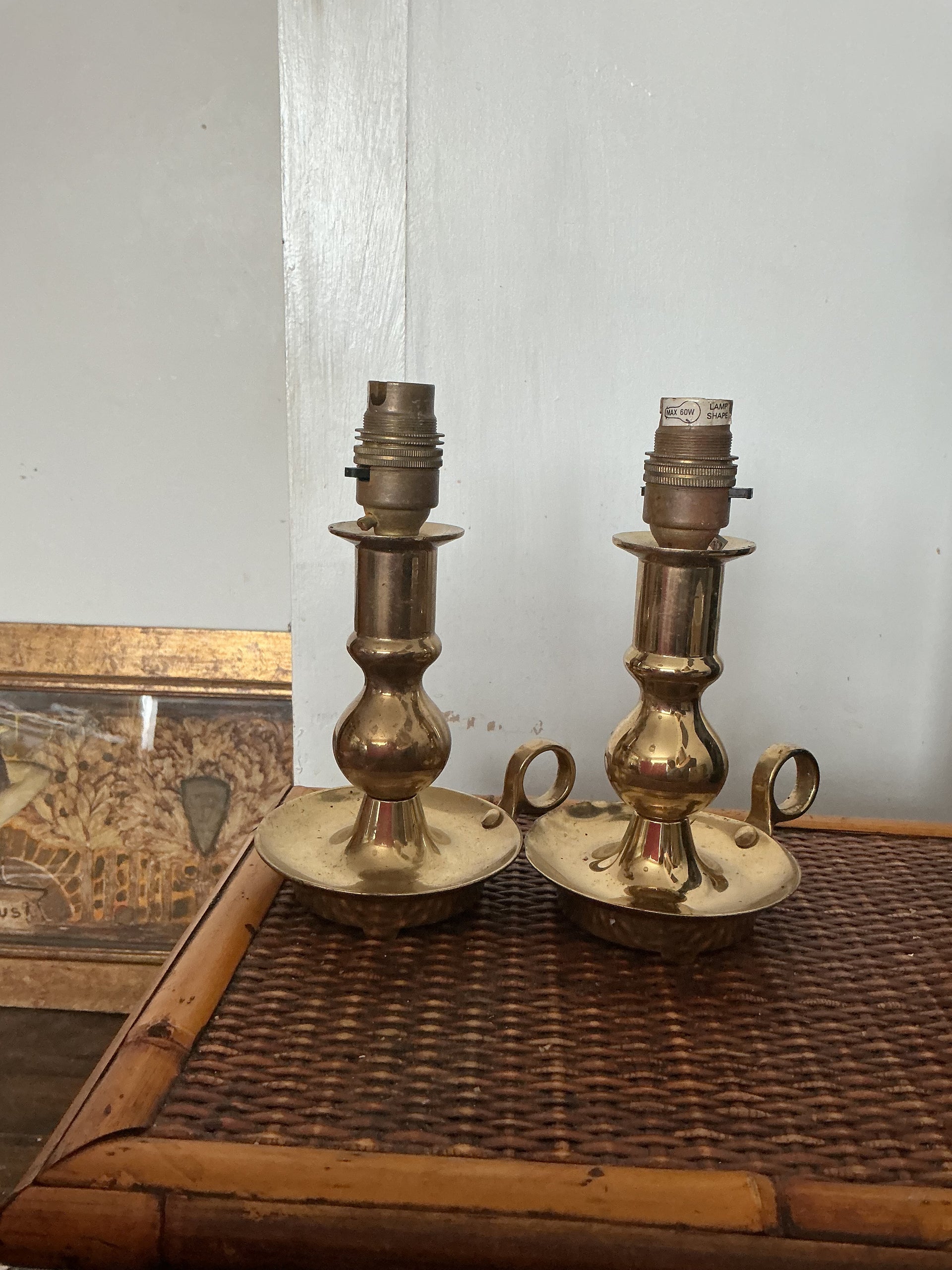 Vintage Brass Candlestick Chamberstick Lamps - Pair - Spun Brass Bases with Loop Handles - Project Lamps, Need Rewiring