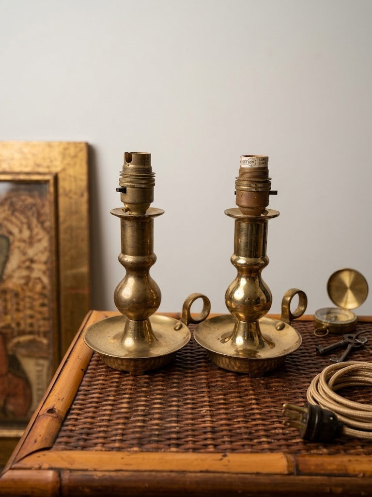 Vintage Brass Candlestick Chamberstick Lamps - Pair - Spun Brass Bases with Loop Handles - Project Lamps, Need Rewiring