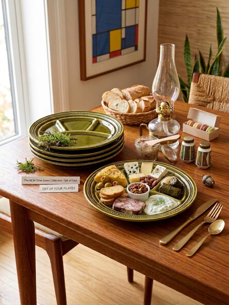 Mid-Century Olive Green Fondue Set | Segmented Plates | Four (4) Available