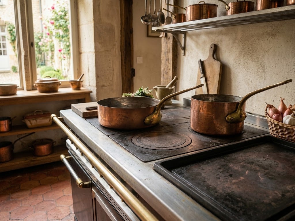 Set of 2 French Vintage Copper Sauté Pans / Brass Handles / Low-Sided Saucepans