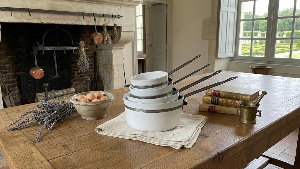 Set of 4 Vintage French Porcelain Saucepans / Glazed Ceramic Cookware / Wrought Iron Handles