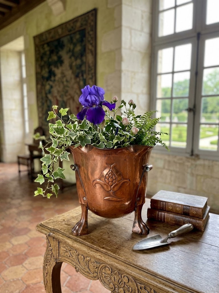 Antique Art Nouveau Copper Planter / Embossed Floral Cachepot / Claw Feet & Wavy