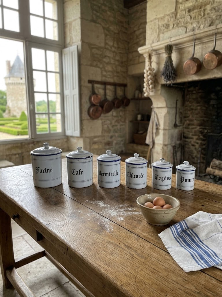 Set of 6 Antique French Enamel Kitchen Canisters / 'Émaillerie Parisienne' Stamp / Blue & Whit